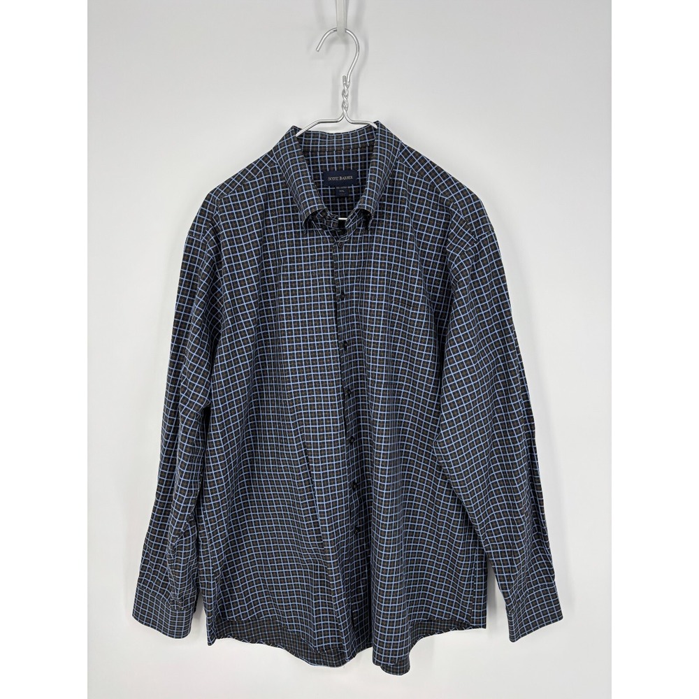 Scott Barber Dress Shirt Mens XXL Blue Brown Plaid Button Up Business